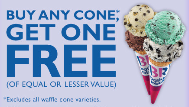 Baskin Robbins Buy One Get One FREE Cone Coupon